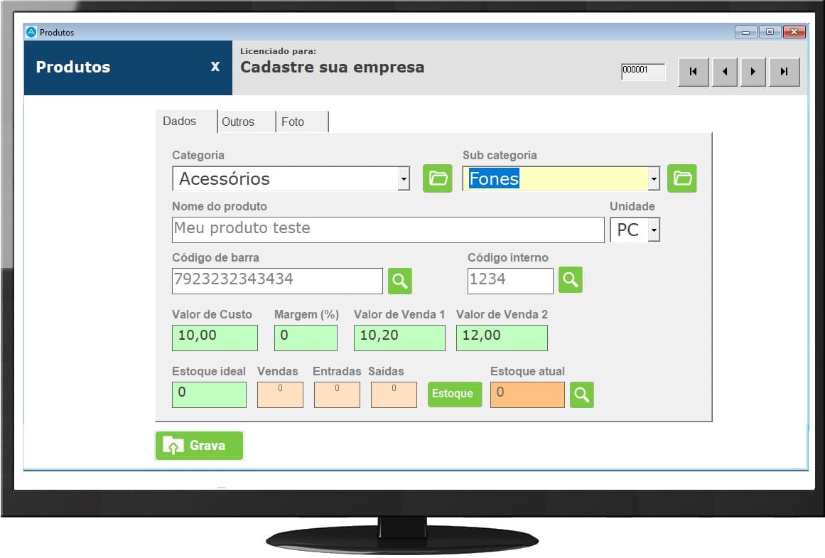 Tela de cadastros